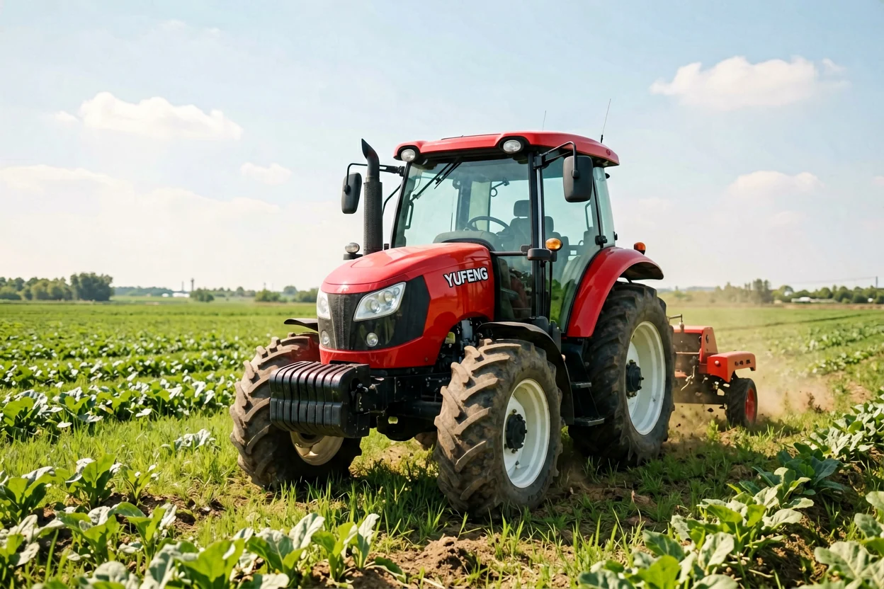 Red 70 HP YUFENG agricultural tractor in farmland
