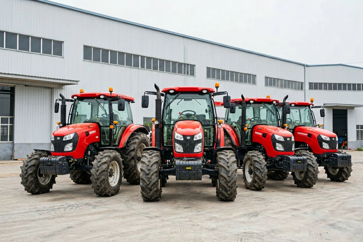 Multiple red YUFENG tractors for different farming applications