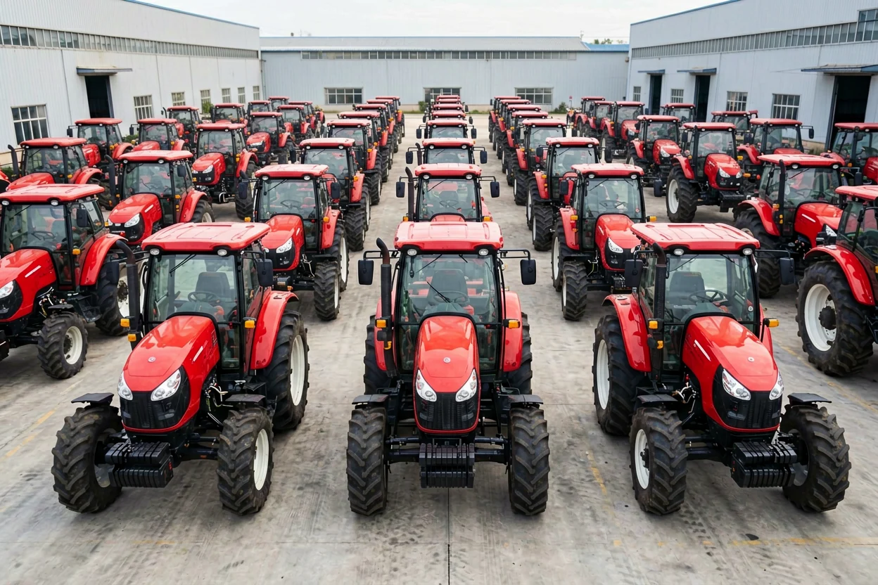 Multiple red YUFENG tractors ready for delivery