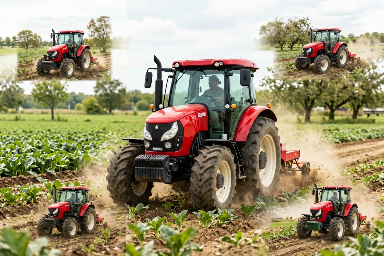 Red YUFENG agricultural tractor working in different farming applications