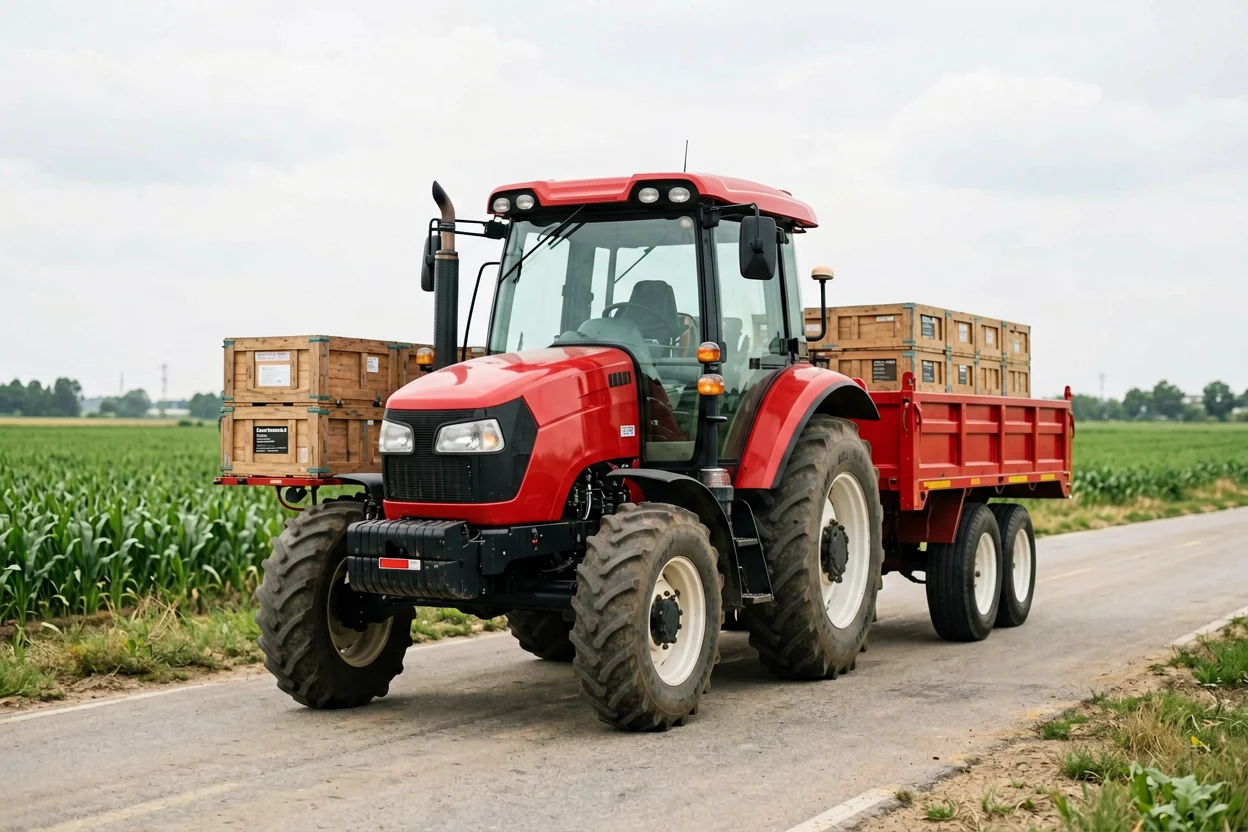 Agricultural tractor transporting crops with trailer