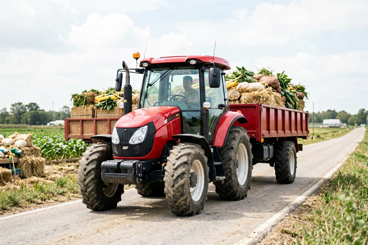 Agricultural tractor transporting crops with trailer on farm road