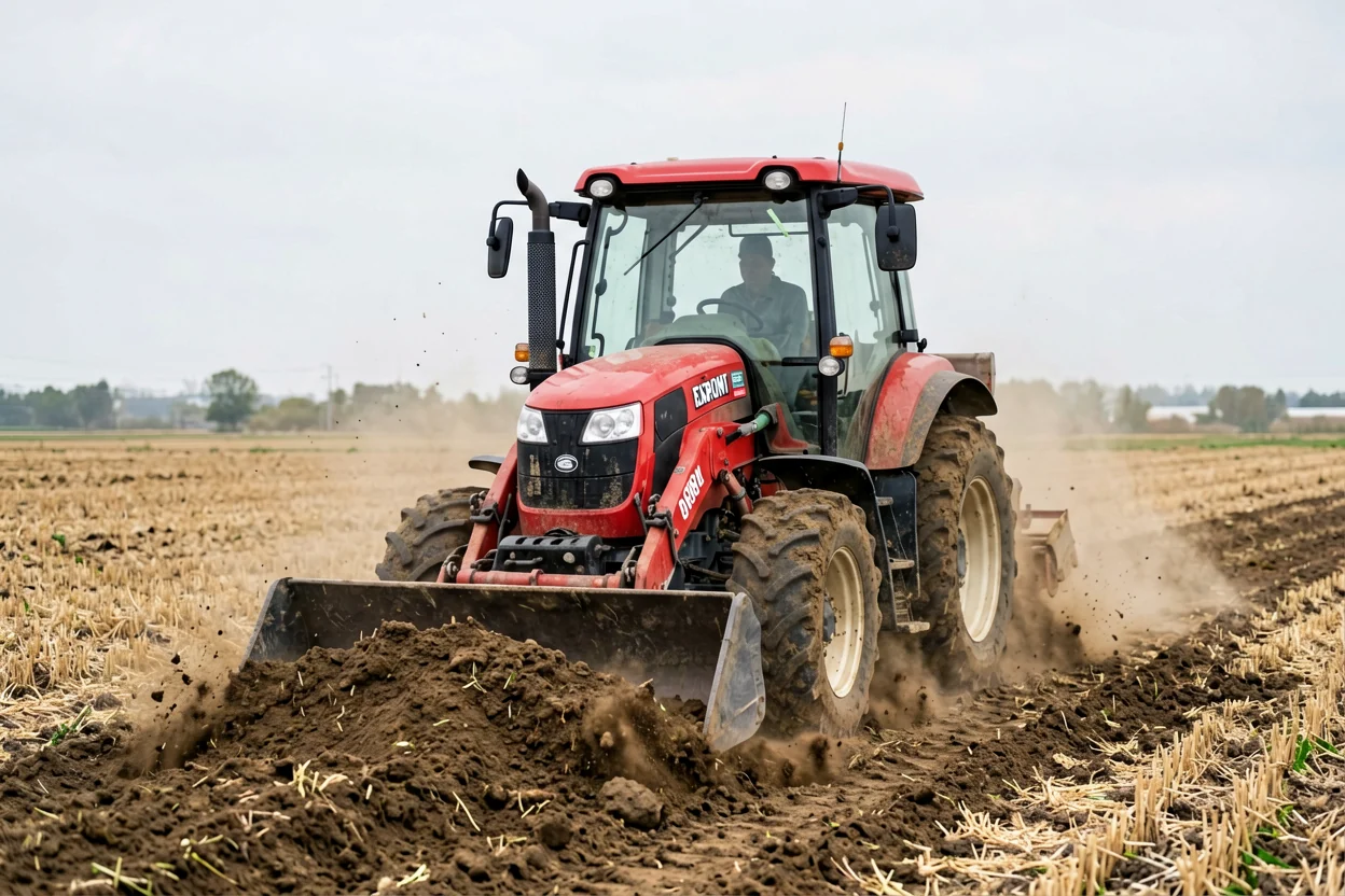 Tractor with front loader handling farm materials