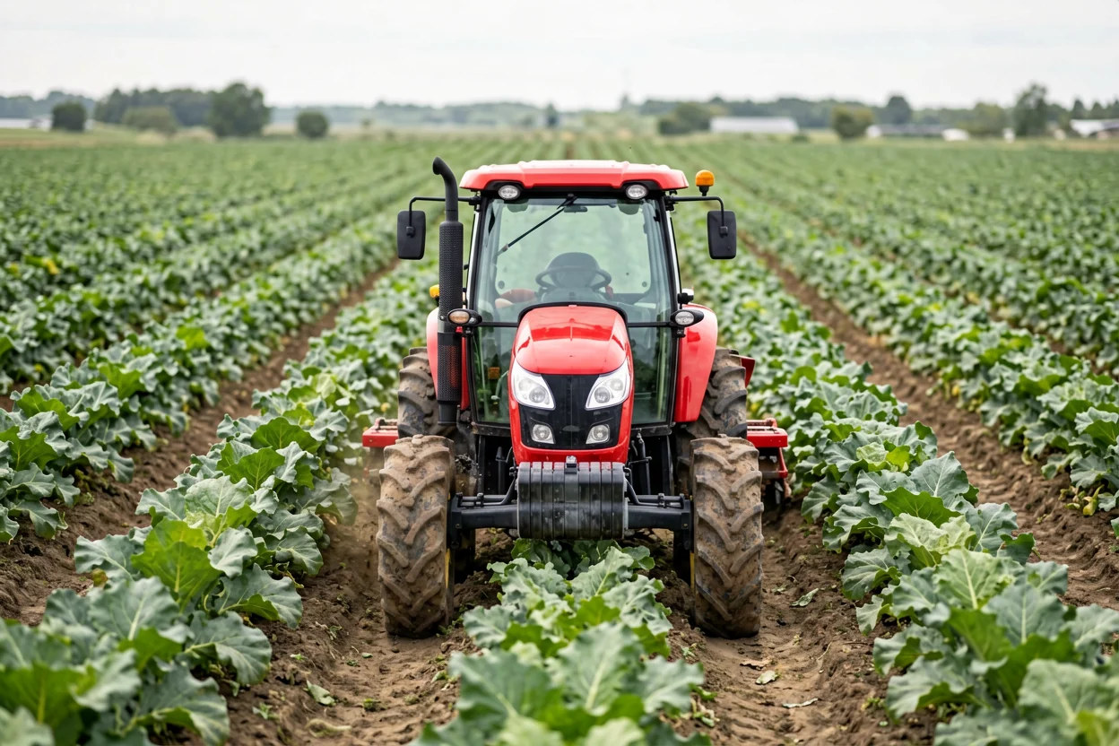 Red utility tractor performing general farming operations