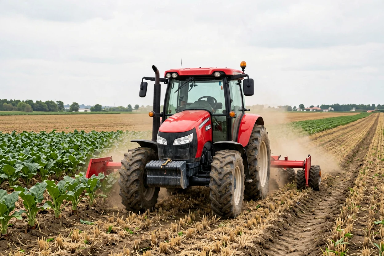 Cabin tractor working on a large-scale farm