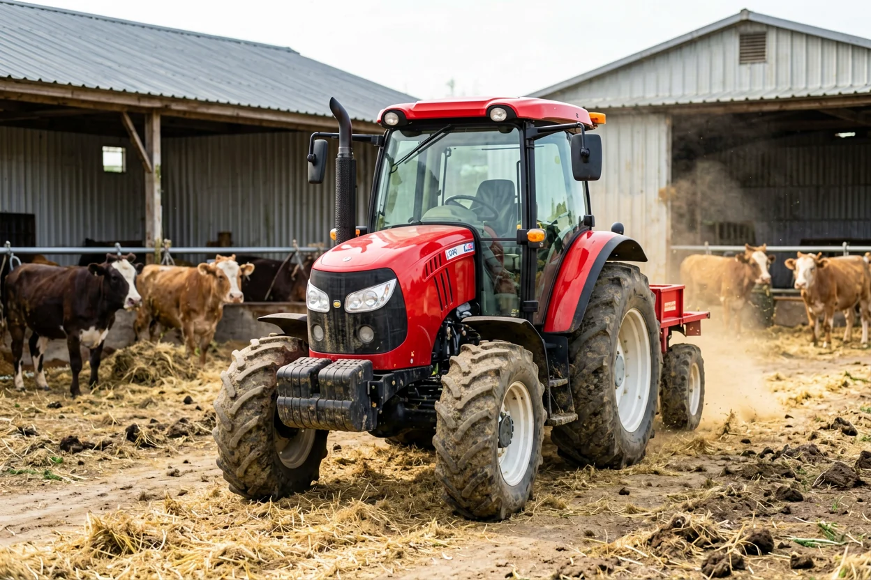 Tractor with front loader working on livestock farm