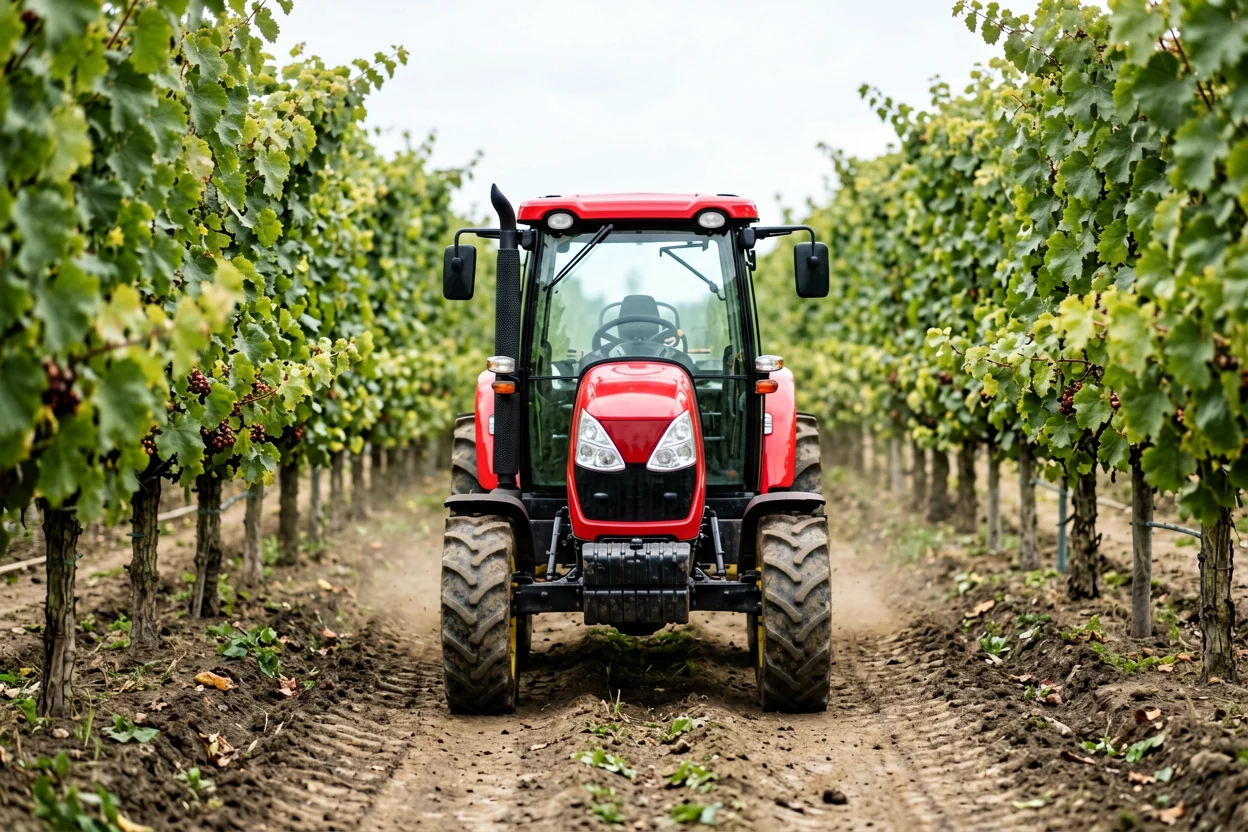 Red compact tractor working between orchard rows