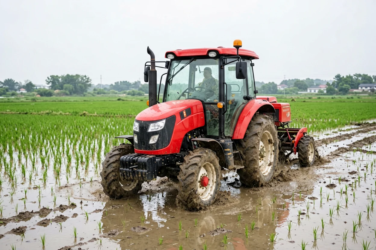 4WD tractor operating in a wet paddy field with paddy tires