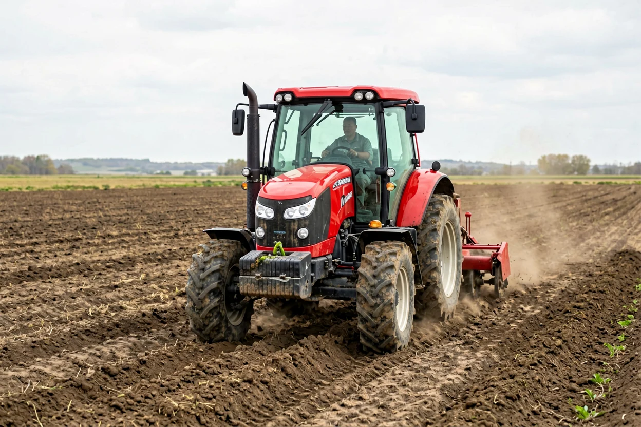 Utility tractor working with a rotary tiller in farmland