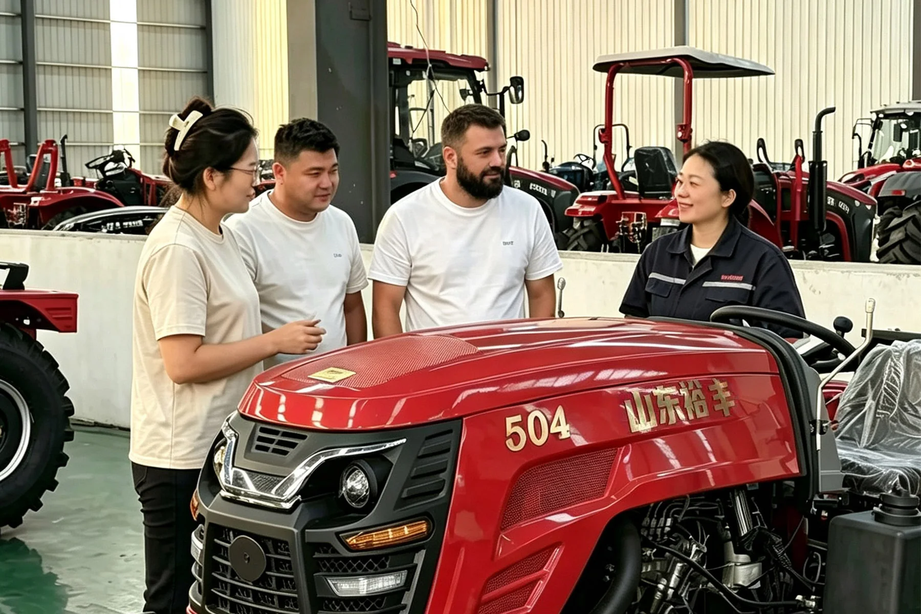 Customer and HETIAN staff reviewing a red tractor