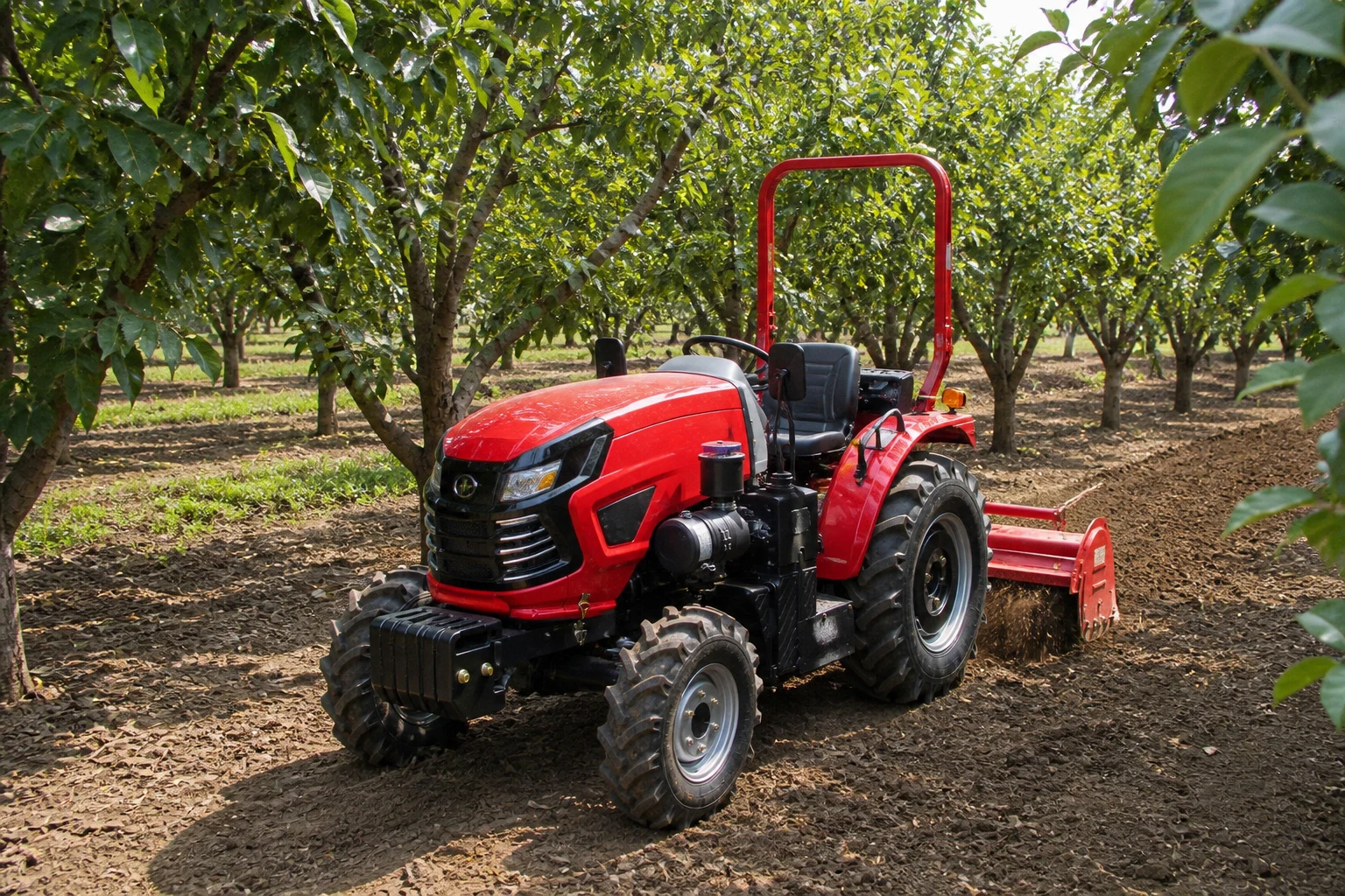 Compact tractor working in orchard