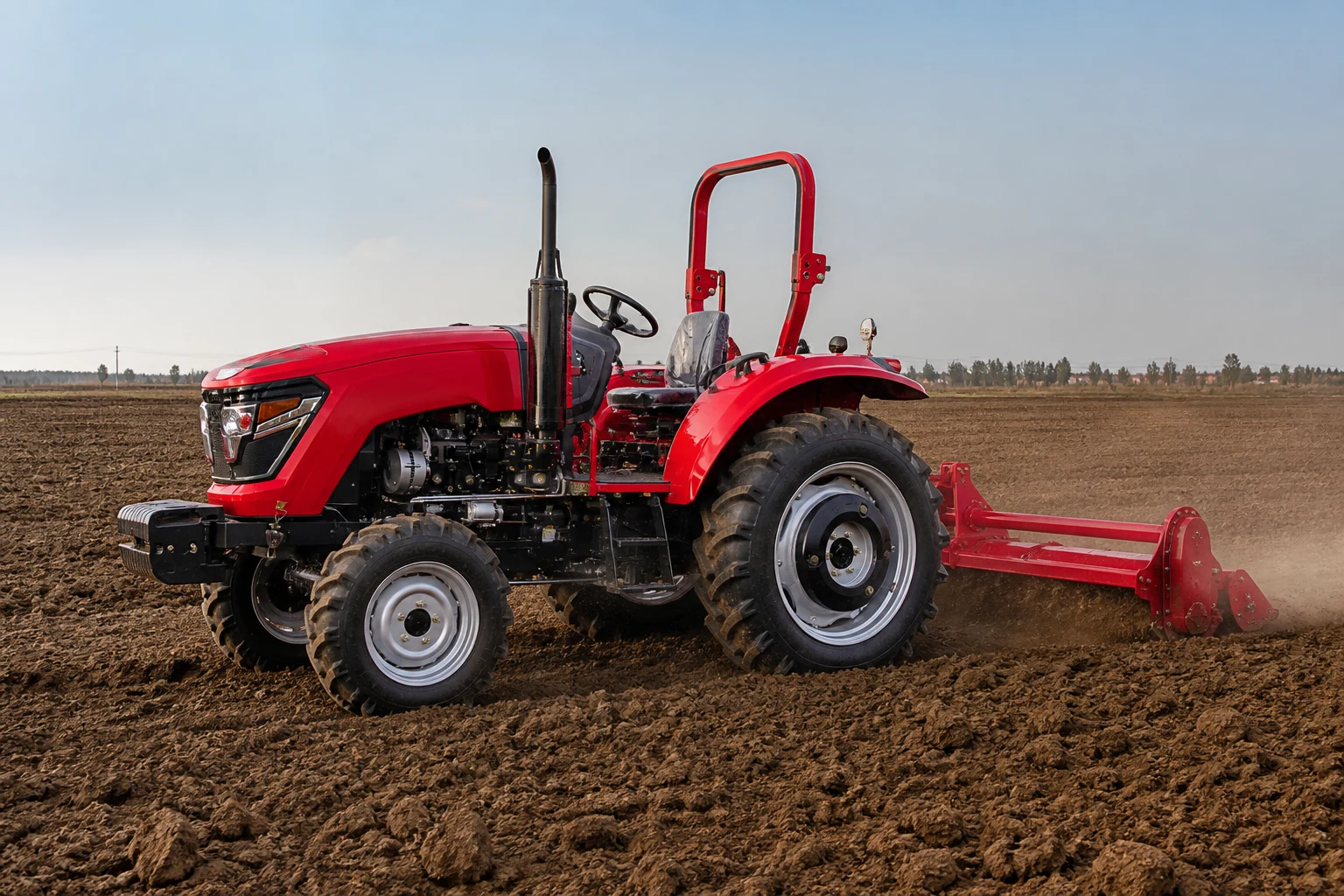 Agricultural tractor plowing and tilling farmland