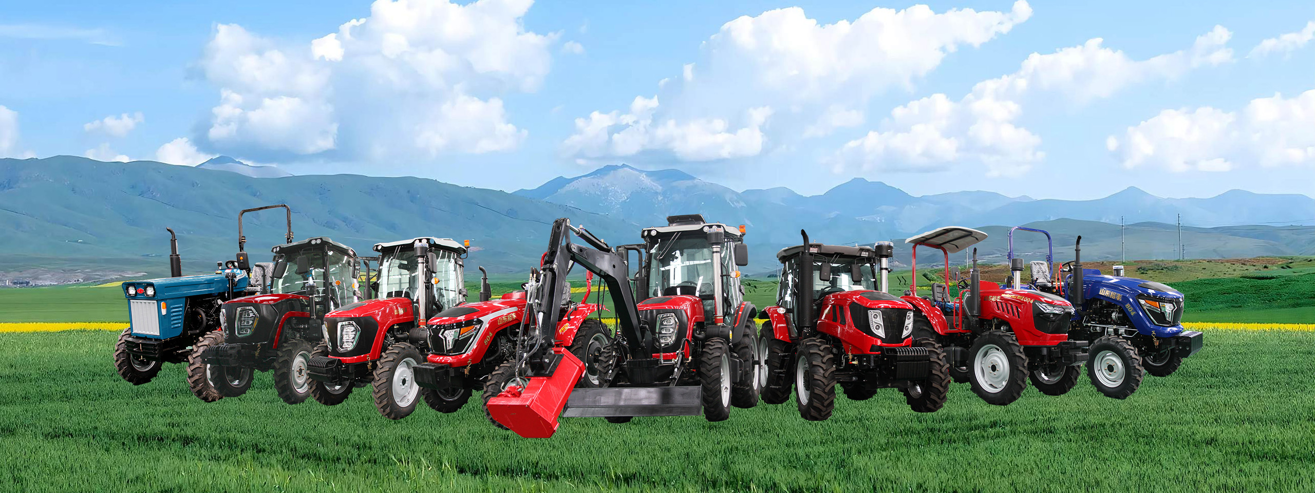 HETIAN agricultural tractors displayed in a mountain farming landscape