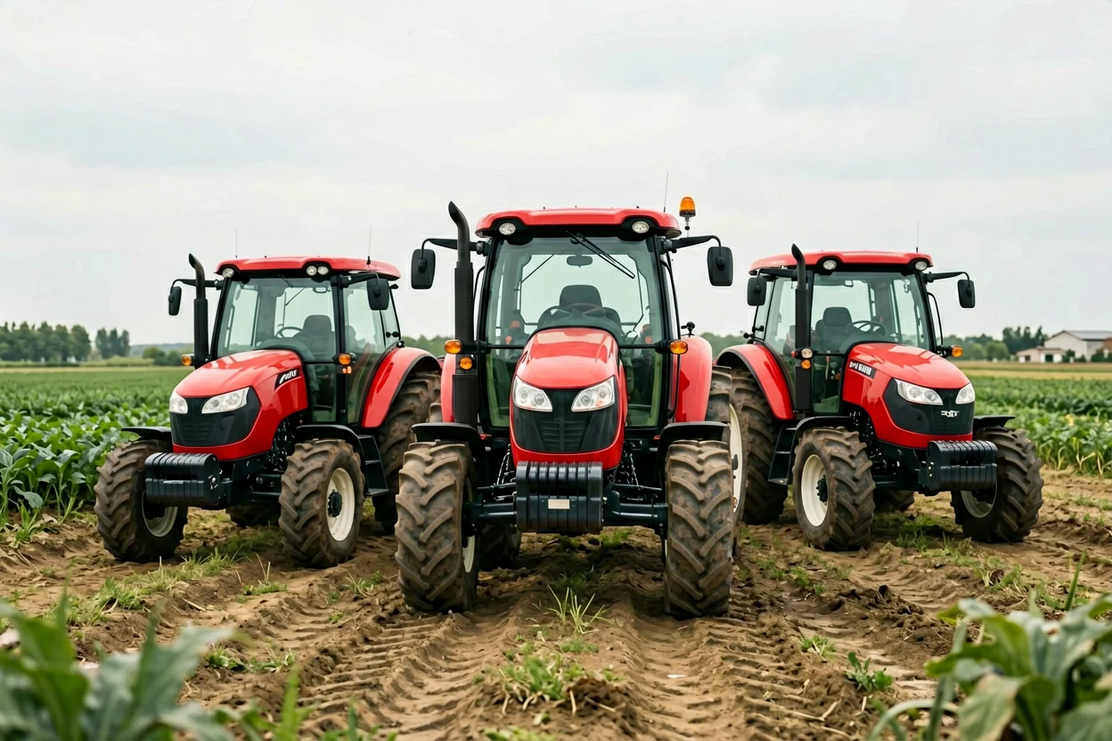 Multiple red YUFENG agricultural tractors